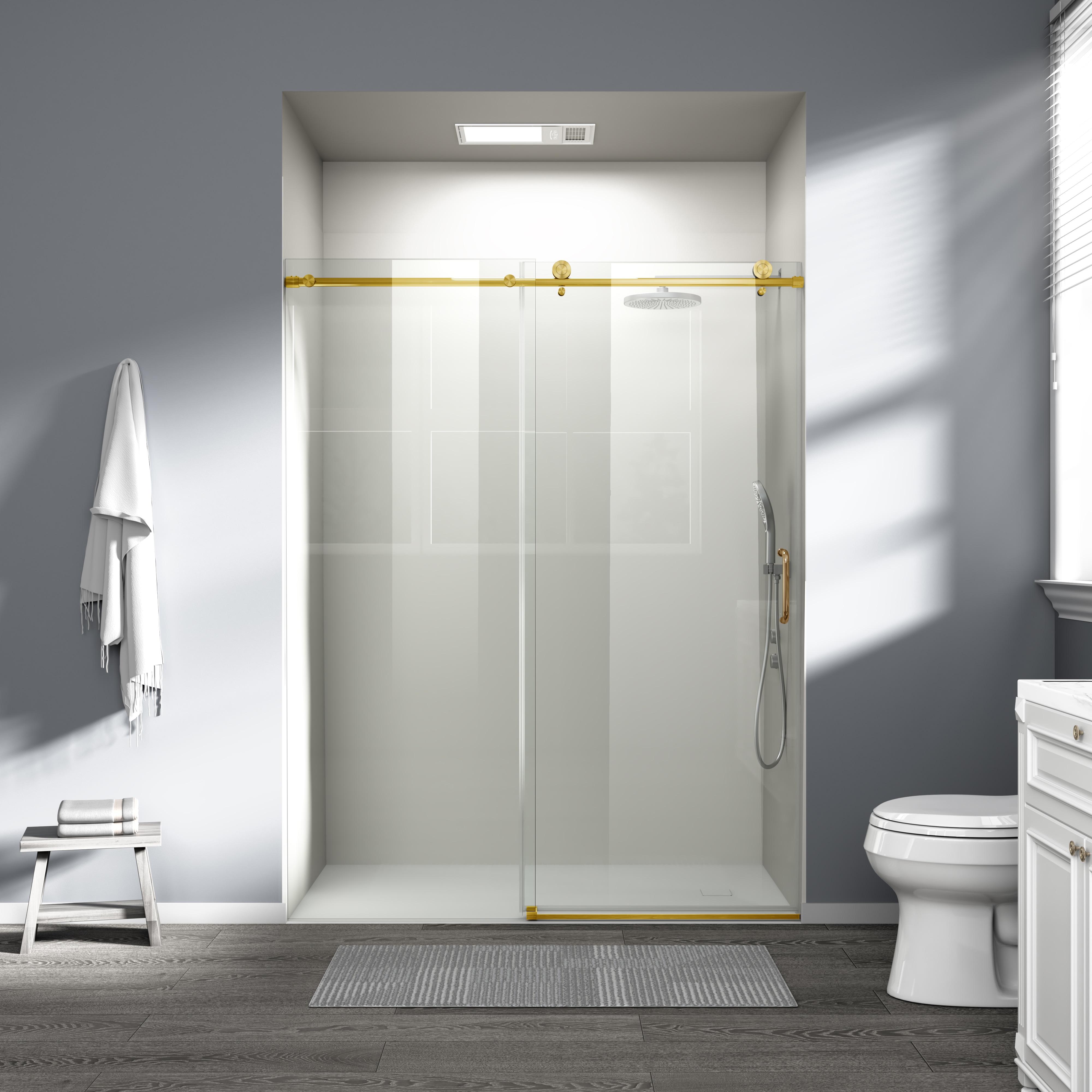 Frameless Sliding Shower Door Brushed Gold Single Panel Walk-in_voghion.com